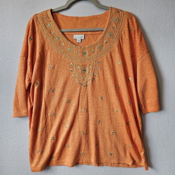 J Jill Love Linen Womens Size Small Orange Linen Sequin Short Sleeve Top - Picture 1 of 11